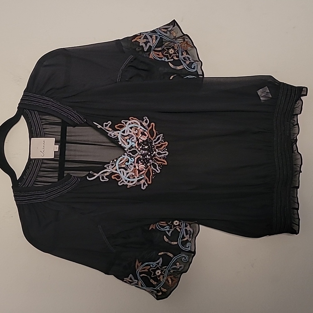 Saivana Embroidered Black Sheer Silk Blouse Sz S Black Rhinestones